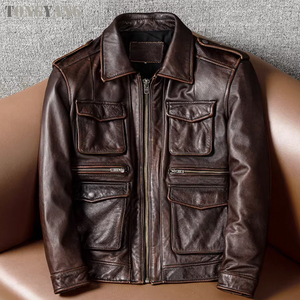 HARAZ INTERNATIONAL <b>Vintage</b> Brown Genuine Leather <b>Motorcycle</b> <b>Jacket</b> Men Turn-down Collar Zipper Closure Solid Color Front Autumn - Product Image 5