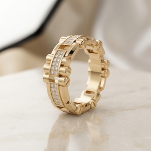 Anillo de compromiso de hip hop para hombre RAAMAA de oro macizo de 14K chapado en oro, con cadena de eslabones mecánicos gruesos, diseño personalizado y diamante sintético de laboratorio. - Product Image 1