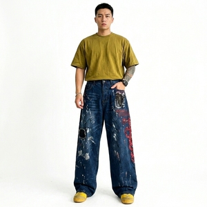 Vintage American Style Men's Denim <b>Pants</b> Diamond Studded High Street Printed Tie Dye Loose Fitting Wide Straight Jeans - Product Image 2