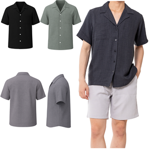 Camisas casuales de hombre de lino/algodón con tejido dobby, cuello en V, de secado rápido, manga corta, para otoño, OEM, al por mayor, personalizadas, con detección de agujas - Product Image 1