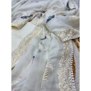 Saree chinois traditionnel de concepteur avec un beau travail de broderie de fil multicolore - Product Image 5