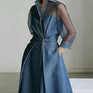Robes longues vintage à imprimé floral tissé, taille haute, coupe trapèze, en maille transparente, à revers et à empiècements - Product Image 1