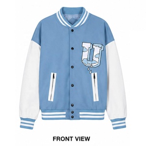 เสื้อแจ็คเก็ต Letterman สีน้ำเงินขาวสำหรับผู้ชาย ทรงเบสบอล คอวี มีซิปและกระเป๋าเสื้อ สำหรับใส่ลำลอง เสื้อแจ็คเก็ต Varsity สำหรับผู้ชาย - Product Image 1