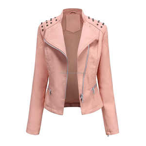 Chaqueta de cuero estilo motorista rosa claro para mujer, informal, ajustada, con tachuelas, hombros, bolsillos asimétricos con cremallera, remache, viscosa - Product Image 1