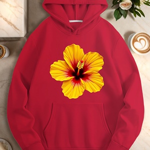 เสื้อฮู้ดถักลำลองสำหรับผู้หญิงลายดอกชบาสีเหลืองพิมพ์ลาย - Product Image 4