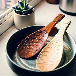 Cuillère en bois, spatule à riz, cuillère antiadhésive en forme de poisson, cuillère de service en bois sculptée à la main, spatule à riz, ustensiles de cuisine - Product Image 5