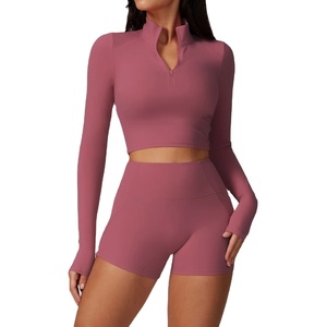 Women's Fitness Yoga Set Long Sleeve Zipper T Shirt Top High Waist Leggings Short Sport Suit Running Sportsswear Tracksuits-2pcs - Product Image 2