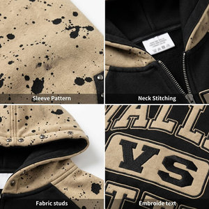 Sudadera con capucha y cremallera de manga raglán para hombre, estilo casual, con estampado salpicado en negro y beige, de punto, para otoño, de Estados Unidos - Product Image 6
