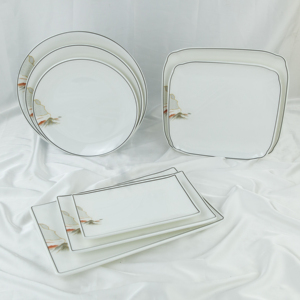 <b>Square</b> Asian Zen Melamine Dinner <b>Plate</b> <b>Set</b> Traditional Chinese Scenic Design White With Black Border Dishwasher Safe - Product Image 6