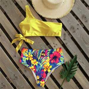 Conjunto de Bikini de Una Sola Pieza para Mujer, Estampado Floral, Parte Inferior de Cintura Alta, Top Bandeau Asimétrico, Traje de Baño de Spandex y Poliéster - Product Image 5
