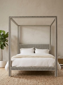 Moderna Cama con Dosel de Madera Tamaño King con Patrón Decorativo Tallado a Mano, Muebles para Dormitorio - Product Image 2