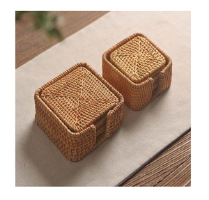 Sous-verre en rotin BOHO de qualité supérieure avec support, design tressé naturel, sous-verre carré en rotin BOHO - Product Image 1