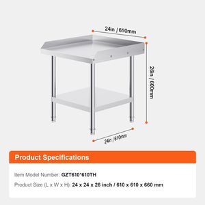 24 X 24 X 26 Inch Heavy-Duty Commercial <b>Kitchen</b> Steel <b>Prep</b> Worktable Stainless Steel 3-Sided Backsplash Food <b>Prep</b> Worktable - Product Image 4