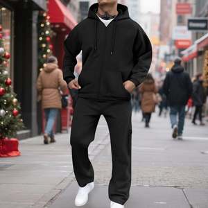 Ensemble de survêtements décontractés respirants pour hommes, 2 pièces, couleur unie, fermeture éclair, coupe décontractée, sweat à capuche et pantalon de jogging en molleton - Product Image 3