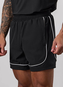 Pantalones cortos de entrenamiento para hombre, negros, con logo OEM personalizado, ribete en contraste, 5 pulgadas de largo, tela de nailon que absorbe el sudor, para gimnasio. - Product Image 3