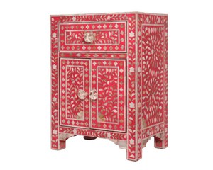 Pink Bone Inlay Nightstand Mirrored Bedside Cabinet Wooden <b>Side</b> <b>Table</b> Drawer <b>Storage</b> for Bedroom - Product Image 1