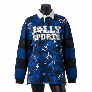 Maillot de rugby pour femme en coton et polyester, bleu royal avec rayures noires sur les manches, logo personnalisé par sublimation, maillot de rugby pour femme en coton - Product Image 6