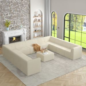 Divano componibile moderno e minimalista a forma di U comodo divano letto in velluto a coste compresso per soggiorno camera da letto-BEIGE - Product Image 1
