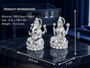 Jaipur Metals 999 Silver Plated Laxmi Ganesh Idol 100% Brass 8.5x7x6cm 151g 2pcs Modern Design Home Decor & Puja Wedding Diwali - Product Image 2