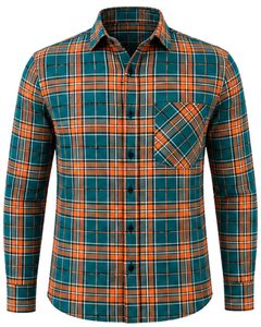 Manufacturer Teal Orange Plaid Men Casual Flannel Shirt Slim Fit Button Down Long Sleeve <b>Checkered</b> Cotton Fashion <b>Top</b> Wear - Product Image 4