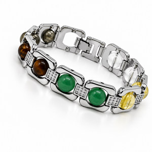 Bracelet en métal argenté en gros avec perles de pierres précieuses naturelles Pyrite, Jade Vert, Citrine et Quartz Clair pour Hommes et Femmes - Product Image 2
