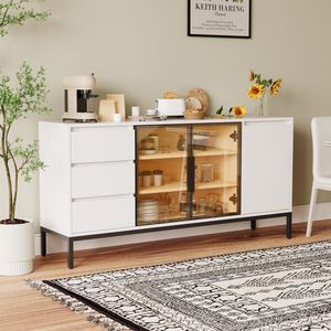 Kitchen Side Panel Storage Cabinet with 3 Drawers <b>Buffet</b> Console Display Rack with Room Doors Pantry Console <b>Table</b> - Product Image 2