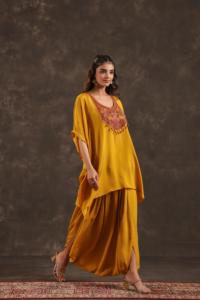 Women's Elegant Embellished Viscose <b>Tunic</b> & Dhoti Pant Set Casual Loose Fit Long Simple Trendy Engagement Wear Yellow Mustard - Product Image 2