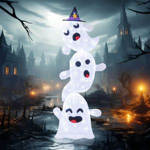 Decorazione di Halloween a forma di fantasma impilato di 1,2 metri con 120 luci LED, decorazioni di Halloween illuminate. - Product Image 1