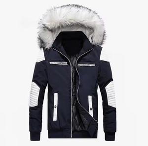 Veste matelassée à capuche bleue pour homme avec doublure en fourrure, fermeture éclair coupe-vent, vêtement d'hiver décontracté, coupe ajustée, longueur normale - Product Image 1