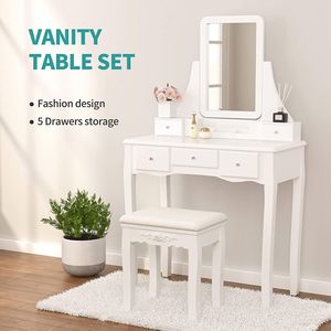 Mecor White Makeup Vanity <b>Set</b> with Square <b>Mirror</b> Cushioned Stool 5 Drawers 3 Removable Divid Wood <b>Dressing</b> <b>Table</b> - Product Image 3