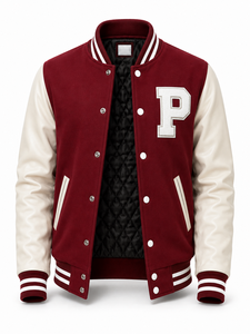 Veste universitaire unisexe marron à manches blanches, broderie lettre P, patchwork, col rabattu en laine, coupe classique, vêtement d'hiver - Product Image 2