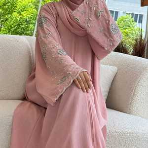<b>Abaya</b> Collection Women Modest Islamic Muslim Dress Elegant Black <b>Pink</b> Embroidered MAXI Length Long Sleeve Loose Fit Open Front - Product Image 6