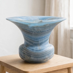 Jarrón de Flores de Ónix Azul Cielo Premium con Borde Ancho, Macetero de Piedra Natural con Vetas, Urna Lujosa para Sala de Estar o Aparador - Product Image 3