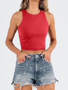 Débardeur court tricoté uni sans manches pour femme, col rond, décontracté, printemps-été, coupe régulière, matière élastique - Product Image 3