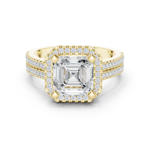 Anillo Solitario Halo con Diamante Cultivado en Laboratorio de Corte Asscher y Bonitos Diamantes Pavé Laterales, Doble Banda en Oro Amarillo Sólido de 14k - Product Image 1