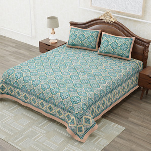 Heritage <b>King</b> <b>Size</b> Cotton Bedsheet <b>Teal</b> Mughal Hand Block Print with Pillow Covers for Home Hotel <b>Bedding</b> - Product Image 1