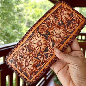 100% Genuine Leather Multi Color Hand Tooled Florals Carved Border Hard Stitched Open Portable Bi-Fold Card Money Carry Men's - Product Image 1