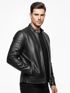 <b>Mens</b> Sleek <b>Leather</b> Cafe Racer <b>Jacket</b> - Product Image 2