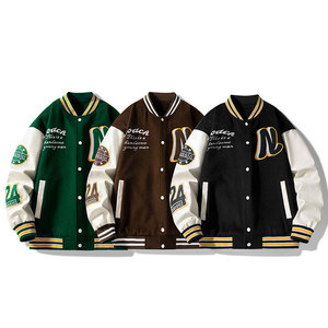 Men's Varsity Jacket Green Brown Black Letter Print Embroidered Patch Design Casual Autumn Wear Polyester Cotton Material - Product Image 1