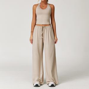 Ensemble décontracté deux pièces pour femme : Crop top dos nu 90 % nylon 10 % élasthanne et pantalon palazzo large à cordon de serrage - Product Image 6