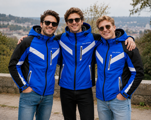 Veste softshell pour homme, bleu et blanc contrastés, avec capuche, imperméable, coupe-vent, veste de sport d'hiver pour l'extérieur, vêtements de travail personnalisés - Product Image 5