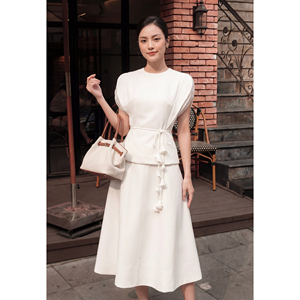 Jupe midi trapèze blanche élégante taille haute pour femme, couleur unie, style bureau, toutes saisons, RYAN - Product Image 2