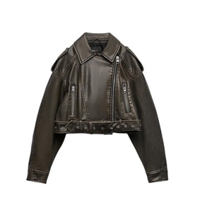 Veste moto en cuir pour femme, col rabattu, manches longues, fermeture éclair, couleur unie, automne, longueur normale - Product Image 4
