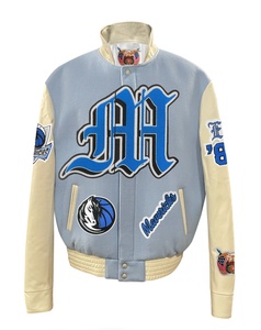 แจ็คเก็ตวาร์ซิตี้ Dallas Mavericks ผ้าขนสัตว์และหนังสไตล์อังกฤษโบราณ สีฟ้าอ่อน - Product Image 1