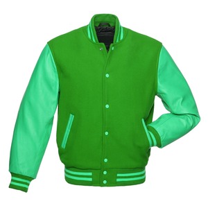 Custom Made High Street Style Varsity Letterman <b>Jacket</b> White <b>Leather</b> Sleeve with Stand Collar Black Wool Body Varsity Design - Product Image 1