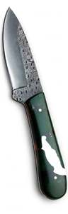 Cuchillo utilitario de hoja curva forjado a mano en acero de alto carbono con mango verde, incrustaciones blancas y acabado martillado - Product Image 6