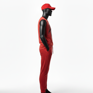 Conjunto de camiseta sin mangas y pantalón de felpa suave de algodón y poliéster de alta calidad, color rojo, con logotipo impreso, 2 piezas, para hombre. - Product Image 4