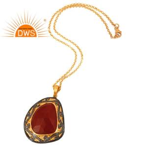 Red Onyx Gemstone Diamond Set Pendant Designer Silver Gold Plated Chunky Pendant Necklace Jewelry Supplier - Product Image 3
