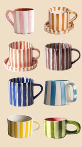Striped Ceramic <b>Mugs</b> Set Red White Retro Design Heat Resistant Dishwasher Safe Microwave Safe Party Use - Product Image 2