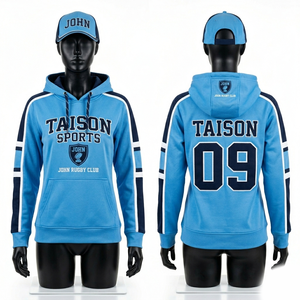 Sweat à capuche de rugby en mélange coton-polyester 320 GSM de qualité supérieure, bleu ciel avec empiècements contrastés aux manches, broderie personnalisée et logo imprimé. - Product Image 6